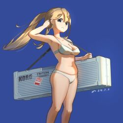  bikini blonde_hair blue_background blue_eyes company_name female highres instrument_case k-on! korg korg_triton kotobuki_tsumugi logo long_hair plump ponytail simple_background smile solo swimsuit thick_eyebrows tornier white_bikini 