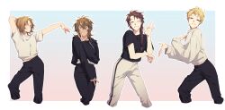  4boys alternate_costume arm_behind_head arm_up atou_haruki black_hoodie black_pants black_shirt blonde_hair brown_eyes brown_hair closed_eyes commentary_request cropped_legs gradient_background grin hand_on_own_chest highres hood hoodie isoi_reiji korean_commentary long_sleeves male_focus medium_hair mometsu_033 multiple_boys navel ok_sign one_eye_closed outline outside_border pants red_eyes saibou_shinkyoku scar scar_on_face scar_on_forehead shinano_eiji shirt short_hair short_sleeves side_ponytail simple_background single_pop-up_headlight smile sweat sweatpants t-shirt white_outline white_pants white_shirt 