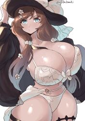  aqua_eyes bikini breasts brown_hair chikoinochi commentary_request female flower flower_hairpin hair_flower hair_ornament hand_on_headwear highres huge_breasts raziel_(granblue_fantasy) raziel_(summer)_(granblue_fantasy) signature solo swimsuit thick_thighs thighs white_bikini 