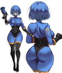  absurdres ass black_footwear black_gloves blu_pyro_(tf2) blue_bodysuit blue_eyes blue_hair bob_cut bodysuit breasts commission female flare_gun full_body gas_mask genderswap_(otf) gloves gun highres holding holding_gun holding_weapon impossible_bodysuit impossible_clothes large_breasts looking_at_viewer mask multiple_views non-web_source pyro_(tf2) rakeemspoon rule_63 short_hair simple_background solo team_fortress_2 weapon white_background wide_hips zipper 