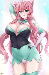  aqua_eyes aqua_thighhighs arm_behind_head blush breasts cleavage covered_navel female gloves hair_between_eyes huge_breasts large_breasts leotard long_hair looking_at_viewer maria_cadenzavna_eve pink_hair r-binon senki_zesshou_symphogear smile solo symphogear_pendant thighhighs very_long_hair white_gloves x-drive_(symphogear) 