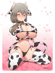  animal_ears animal_print bikini breasts cleavage closed_eyes cow_print cow_print_bikini elbow_gloves female gloves grey_hair hair_between_eyes large_breasts mature_female print_bikini sitting solo swimsuit thighhighs uzaki-chan_wa_asobitai! uzaki_tsuki virus-g white_gloves white_thighhighs 