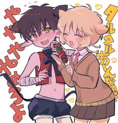  1boy androgynous blonde_hair blush brown_hair closed_eyes female fong_pudding highres holding holding_skewer lolicon midriff navel necktie nuka_(nukamochi) pointy_ears shorts skewer skirt tart_(tokyo_mew_mew) tokyo_mew_mew translation_request vest white_background yellow_eyes 