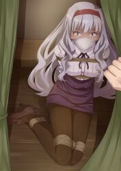  1boy absurdres black_pantyhose blunt_bangs bondage bondage bound cloth_gag constricted_pupils female gag gagged grey_hair hairband high-waist_skirt high_heels highres idolmaster improvised_gag indoors long_hair looking_at_viewer over_the_nose_gag pantyhose purple_eyes purple_footwear purple_skirt red_hairband restrained rope scared shijou_takane shirt skirt tears vakaosciosa wavy_hair white_shirt 