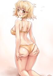  ass blush breasts brown_eyes brown_hair butt_crack female hair_ornament hairclip looking_at_viewer looking_back medium_breasts open_mouth r-binon senki_zesshou_symphogear short_hair sideboob solo sweat tachibana_hibiki_(symphogear) underwear 