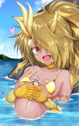  1boy absurdres arm_tattoo between_breasts bikini blonde_hair breasts cleavage colored_eyelashes dark-skinned_female dark_skin dragon_boy dragon_claw dragon_girl dragon_horns dragon_tail female g_(genesis1556) giant giantess glasses gold_bikini golden_week hair_over_one_eye highres horns long_hair looking_at_viewer medium_breasts mini_person monster_girl multicolored_hair navel oerba_yun_fang open_mouth original partially_submerged ponytail rio_(g_(genesis1556)) round_eyewear scales shiny_swimsuit smile swimsuit tail tattoo two-tone_hair white_hair yellow_eyes 