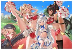  5girls absurdres armpits bay_(nikke) black_hair blonde_hair blue_eyes breasts cheerleader clay_(nikke) cowboy_shot dark-skinned_female dark_skin goddess_of_victory:_nikke highres huge_breasts leg_up long_hair miniskirt miranda_(nikke) multicolored_hair multiple_girls navel ouendan pisik poli_(cheer_up_police)_(nikke) poli_(nikke) pom_pom_(cheerleading) quiry_(nikke) red_eyes red_hair skirt small_breasts standing standing_on_one_leg thigh_strap thighs twintails two-tone_hair underboob very_long_hair white_hair 