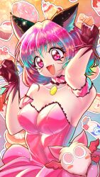  absurdres animal_ears breasts cat_ears cat_girl cat_tail choker creature doughnut dress female food highres magical_girl masha_(tokyo_mew_mew) mew_ichigo momomiya_ichigo noodle_bear oerba_yun_fang open_mouth paw_pose pink_dress pink_eyes pink_hair smile solo tail tokyo_mew_mew 