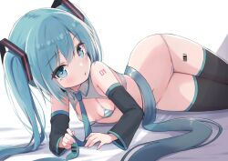  aqua_bikini aqua_eyes aqua_hair aqua_nails aqua_necktie aqua_trim barcode bare_shoulders bikini black_sleeves black_thighhighs borrowed_design breasts collar_bikini_miku_(meme) detached_sleeves female hand_up highres holding_necktie horizontal-striped_bikini long_hair looking_at_viewer lying meme micro_bikini nail_polish navel necktie on_side simple_background siragagaga sleeveless small_breasts solo striped_bikini striped_clothes swimsuit tattoo thighhighs twintails two-tone_bikini very_long_hair white_background 