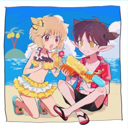  1boy androgynous bikini blonde_hair border drink female fong_pudding happy holding holding_drink holding_water_gun lolicon looking_at_another nuka_(nukamochi) outdoors pointy_ears red_eyes sandals sitting smile swimsuit tart_(tokyo_mew_mew) tokyo_mew_mew water_gun white_border 