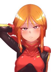  absurdres arm_behind_head arm_up black_bodysuit blush bodysuit bright_pupils eyebrows_hidden_by_hair female gloves gundam gundam_zz hair_between_eyes highres light_frown looking_at_viewer onimaru_(onimal7802) orange_hair pilot_suit purple_eyes puru_two red_gloves short_hair sidelocks simple_background solo upper_body white_background white_pupils 