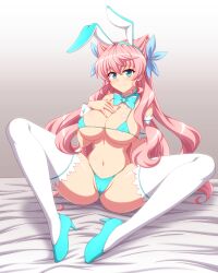  animal_ears aqua_eyes bikini blush breasts cameltoe cleavage cleft_of_venus commission female hair_between_eyes hair_ornament large_breasts long_hair looking_at_viewer maria_cadenzavna_eve micro_bikini navel pink_hair pixiv_commission pussy rabbit_ears senki_zesshou_symphogear smile solo spread_pussy swimsuit very_long_hair zetsumu 