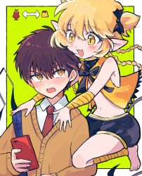  1boy alternate_species barefoot blonde_hair blush border bow brown_hair cosplay costume_switch female fong_pudding holding holding_phone midriff navel necktie nuka_(nukamochi) phone pointy_ears shorts smile species_switch tart_(tokyo_mew_mew) tart_(tokyo_mew_mew)_(cosplay) tokyo_mew_mew vest white_border yellow_eyes 