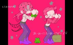  &gt;_&lt; 2boys blush_stickers brown_bag c73an closed_eyes dancing diavolo fishnet_top fishnets freckles frog from_side green_wristband jojo_no_kimyou_na_bouken long_hair male_focus multiple_boys open_mouth pants parody_request pink_hair pink_sweater purple_footwear purple_pants ribbed_sweater short_hair shoulder_tattoo star_(symbol) sweater tattoo translation_request vento_aureo vinegar_doppio x_navel 