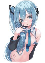  aqua_bikini aqua_eyes aqua_hair aqua_nails aqua_necktie aqua_trim bare_shoulders between_breasts bikini black_sleeves borrowed_design breasts collar_bikini_miku_(meme) detached_sleeves female hand_up hatsune_miku highres horizontal-striped_bikini long_hair looking_at_viewer meme micro_bikini nail_polish navel necktie number_tattoo side_ponytail sidetail_miku_noodle_stopper_(meme) simple_background siragagaga sleeveless small_breasts solo striped_bikini striped_clothes swimsuit tattoo two-tone_bikini very_long_hair vocaloid white_background 