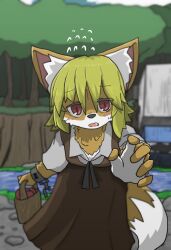  5_fingers accident anthro anthrofied blonde_hair bodily_fluids brown_clothing brown_dress canid canine clothing cookie_(touhou) cuff_(restraint) dress fangs female fingers forest forest_background fox fur hair hi_res mammal miramikaru_riran nature nature_background open_mouth orange_eyes plant pupils restraints river slit_pupils solo sweat sweatdrop sweatdrop_(iconography) tan_body tan_fur teeth torii_(artist) tree truck_(vehicle) vehicle 