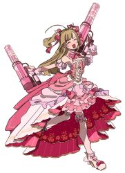  absurdres ahoge blush bow bowtie breasts brown_hair cleavage detached_collar dress dual_wielding facing_viewer female full_body hairbow high-low_skirt highres holding holding_cannon idolmaster idolmaster_cinderella_girls large_breasts long_hair multiple_hair_bows pink_bow pink_bowtie pink_dress pink_skirt pink_thighhighs running sato_shin shoes simple_background skirt skirt_under_dress smile sneakers solo strapless strapless_dress t-shirt_launcher thighhighs two_side_up v-shaped_eyebrows white_background wrist_cuffs yawarakai_inu 