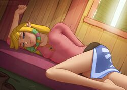  1girls bare_legs blue_eyes deilan12 dress female female_only hylian long_ears long_hair looking_at_viewer nintendo nipple_bulge on_side pointy_ears princess_zelda sailcloth skyward_sword smiling smiling_at_viewer solo solo_female the_legend_of_zelda yellow_hair zelda_(skyward_sword) 