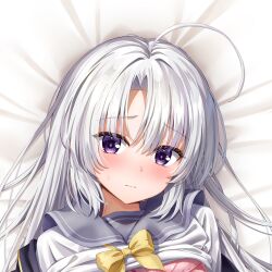  3: ahoge ayachi_nene bed_sheet blush bow bra bra_peek bright_pupils close-up closed_mouth commentary_request dakimakura_(medium) embarrassed eyelashes eyes_visible_through_hair female grey_hair grey_sailor_collar hair_between_eyes highres kuria_(clear_trip_second) long_hair looking_at_viewer lying on_back pink_bra purple_eyes raised_eyebrows sailor_collar sanoba_witch school_uniform serafuku shirt solo tsurime underwear white_shirt yellow_bow 