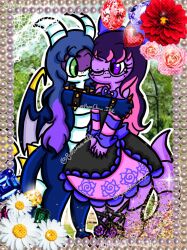  anthro arbok blue_body blue_hair clothing dragon dress duo female generation_1_pokemon green_eyes hair hi_res horn lavender_(lewdchuu) lewdchuu_(artist) male mythological_creature mythological_scalie mythology nintendo pokemon pokemon_(species) purple_body purple_eyes purple_hair scalie wings 