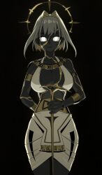  absurdres alternate_color alternate_costume arm_behind_back armlet bare_shoulders bikini bikini_top_only black_background blonde_hair bracelet breasts cleavage colored_inner_hair dark-skinned_female dark_skin daydarion egyptian egyptian_clothes female gold grey_hair hair_intakes halo highres hololive hololive_english jewelry large_breasts looking_at_viewer miniskirt multicolored_hair necklace no_pupils ouro_kronii roman_numeral short_hair simple_background skirt solo staff swimsuit virtual_youtuber white_bikini white_eyes white_skirt 