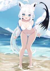  :d animal_ear_fluff animal_ears aqua_eyes arms_at_sides bare_legs bare_shoulders barefoot beach bikini blue_sky blush braid breasts cleavage cloud collarbone commentary_request crossed_bangs curvy day female fox_ears fox_girl fox_tail hair_between_eyes halterneck happy highres hololive jacket knees_together_feet_apart leaning_forward long_hair looking_at_viewer low_ponytail medium_breasts natsuki_(natsu_1936) navel ocean open_clothes open_jacket open_mouth outdoors outstretched_hand shirakami_fubuki single_braid sky smile soaking_feet solo string_bikini swimsuit tail tail_raised thigh_gap thighs very_long_hair virtual_youtuber white_bikini white_hair white_jacket 