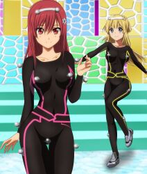  22/7 2girls black_bodysuit blonde_hair blue_eyes bodysuit closed_mouth collarbone flower fujima_sakura gentoku hair_flower hair_ornament hand_up highres leg_up long_hair looking_at_viewer multiple_girls red_eyes red_hair sato_reika single_hair_ring smile standing standing_on_one_leg straight_hair white_flower 