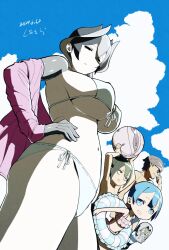  4boys bikini black_hair blue_hair blue_sky breasts cloud colored_inner_hair female from_below hair_between_eyes large_breasts made_in_abyss maruruk multicolored_hair multiple_boys navel otoko_no_ko ozen pale_skin shimatora sky swimsuit white_hair 