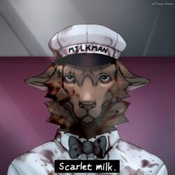  alternate_species anthro blood blood_on_clothing blood_on_face bodily_fluids bow_tie brown_body brown_eyes brown_fur clothing dialogue francis_mosses front_view fumao_jhaipei fur grey_bow_tie hat headgear headwear hi_res looking_at_viewer male mammal solo talking_to_viewer text text_on_clothing text_on_headwear that&#039;s_not_my_neighbor topwear white_clothing white_hat white_headwear white_topwear 