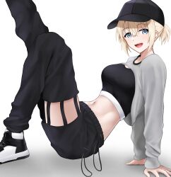  :d azur_lane banba_(jakqbigone) baseball_cap bataan_(azur_lane) black_hat black_pants black_shirt blonde_hair blue_eyes crop_top female hat highres knee_up leg_up looking_at_viewer midriff navel open_mouth pants shirt shoes short_hair smile sneakers solo stomach 