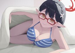  absurdres ayane_(blue_archive) ayane_(swimsuit)_(blue_archive) bare_arms bare_legs bare_shoulders bikini black_hair blue_archive breasts cleavage closed_mouth female glasses halo highres large_breasts looking_at_viewer official_alternate_costume pointy_ears red-framed_eyewear red_halo ruha_(ruha12haru) short_hair smile solo striped_bikini striped_clothes swimsuit yellow_eyes 