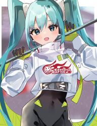  blue_hair blush border covered_navel dot_nose eyelashes female gloves goodsmile_company goodsmile_racing green_gloves hatsune_miku highres jacket long_hair looking_at_viewer open_mouth race_queen racing_miku racing_miku_(2022) twintails tyouruii0 very_long_hair vocaloid white_border white_jacket 