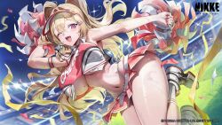  belt belt_buckle blonde_hair breasts buckle cheerleader clay_(nikke) confetti english_commentary female field gesoking goddess_of_victory:_nikke highres large_breasts light long_hair looking_at_viewer midair navel night official_art one_eye_closed open_mouth pink_eyes pink_nails pom_pom_(cheerleading) shoes smile sneakers solo sweat teeth thick_thighs thighs tongue upper_teeth_only visor_cap white_belt white_footwear 