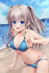  :d bare_arms bare_shoulders beach bikini blue_bikini blue_eyes blue_sky blush breasts charlotte_(anime) cleavage collarbone commentary_request cowboy_shot curtains day eyes_visible_through_hair female grey_hair hair_between_eyes half_updo halterneck hand_up happy highres large_breasts long_hair looking_at_viewer minatoto navel ocean open_mouth outdoors outstretched_hand shiny_skin sidelocks skindentation sky smile solo sparkle sunlight sweat swimsuit tomori_nao two_side_up 