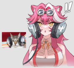  absurdres animal_ear_fluff animal_ears azisugito breasts cat_ears cat_girl cheek_squash cleavage female headphone_cat_(meme) headphones highres hololive hololive_english inset large_breasts long_hair meme multicolored_hair open_mouth photo_inset pink_hair raora_panthera reference_inset streaked_hair virtual_youtuber yellow_eyes 