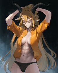  abs adjusting_hair animal_ears arknights black_background black_panties blonde_hair blue_background brown_horns closed_eyes closed_mouth cowboy_shot degenbrecher_(arknights) goat_ears goat_girl gradient_background highres horns long_hair muscular muscular_female navel no_bra open_clothes open_shirt orange_shirt panties shirt sweat tflop_(tea_flop) underwear 