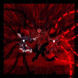  absurd_res alternate_form barbed_wire blood blood_on_face blood_on_hand blood_on_teeth bodily_fluids claws destruction detailed_background digital_media_(artwork) draken(ganmakurel) duo eye_contact fingertips_touching flower ganmakurel gesture guradraken(ganmakurel) gurakarmyn hand_gesture hi_res looking_at_another machine male plant pointing pointing_at_another robot rose_(flower) sharp_teeth silhouette smile symbolism teeth thorns wine_red_background 