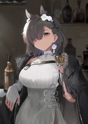  absurdres alcohol animal_ears arknights black_hair black_jacket breasts cowboy_shot cup dress extra_ears female fingerless_gloves flower gauntlets gloves hair_between_eyes hair_ornament hair_over_one_eye highres holding holding_cup jacket jewelry large_breasts long_hair long_sleeves looking_at_viewer mole mole_above_eye open_clothes penance_(arknights) single_gauntlet solo tail white_dress white_flower wolf_ears wolf_girl wolf_tail xiaobei yellow_eyes 