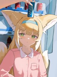  1other animal_ear_fluff animal_ears arknights blonde_hair blue_hairband blush can drink_can female fox_ears fox_girl fox_tail green_eyes hairband highres kitsune long_hair mikkan pink_shirt pocari_sweat shirt soda_can suzuran_(arknights) tail upper_body 