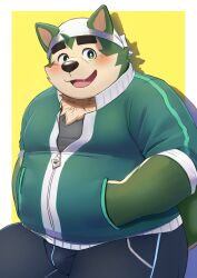  2024 absurd_res anthro belly big_belly black_nose blush bottomwear canid canine canis clothing domestic_dog green_body hi_res kemono kumamikan lifewonders live_a_hero male mammal mokdai overweight overweight_male pants shirt solo topwear 