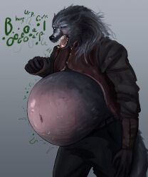  anthro belly belly_blush big_belly black_sclera blaidd_(elden_ring) bloated blush bodily_fluids body_blush burping canid canine canis clothing elden_ring fist fromsoftware fur grey_body grey_fur hair hi_res long_hair male mammal motion_lines navel open_mouth overweight overweight_anthro overweight_male pink_tongue purple_eyes saliva sharp_teeth solo stretch_marks sweat teeth thearmordines tongue wolf 