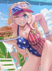  american_flag_swimsuit blonde_hair blue_sky breasts burger casual_one-piece_swimsuit chair cleavage cloud commission cowboy_shot earrings female food highres hoop_earrings jewelry large_breasts leaning_forward lounge_chair multicolored_clothes multicolored_swimsuit nikulas_cage one-piece_swimsuit one_eye_closed original pixiv_commission railing sky solo swimsuit visor_cap waitress white_wristband 