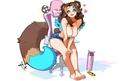  absurdres ahoge animal_ear_fluff animal_ears anklet aperture_science_weighted_companion_cube bare_legs barefoot bear_ears between_legs blue_eyes blue_hair blueisalanguage bottle breasts breasts_squeezed_together brown_hair bursting_breasts camisole chair cleavage colored_tips commission crop_top crossed_ankles dangle_earrings denim denim_shorts earrings feet female flipped_hair freckles full_body gaming_chair hair_ornament hair_over_shoulder hairclip hand_between_legs heart highres honeycomb_earrings jewelry joy-con knees large_breasts large_tail leaning_forward legs long_hair looking_at_viewer midriff multicolored_hair on_chair open_mouth original parted_bangs raised_eyebrows shadow short_shorts shorts simple_background sitting smile soles solo spaghetti_strap swivel_chair tail teeth thick_thighs thighs toes two-tone_hair upper_teeth_only v_arms white_background white_camisole 