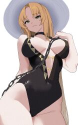  :3 absurdres arknights arm_behind_back bare_arms binware black_one-piece_swimsuit blonde_hair breasts breasts_apart casual_one-piece_swimsuit center_opening closed_mouth commentary_request covered_navel female from_below green_eyes hat highleg highleg_swimsuit highres large_breasts long_hair looking_at_viewer one-piece_swimsuit smile solo sun_hat swimsuit swire_(arknights) swire_the_elegant_wit_(arknights) thighs tiger_girl transparent_background white_hat 