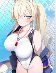  animal_ears blonde_hair blue_archive blue_eyes blue_halo blue_jacket blush clenched_teeth competition_swimsuit cowboy_shot dog_ears fed_(giba) female groin hair_over_one_eye halo highres jacket kanna_(blue_archive) kanna_(swimsuit)_(blue_archive) long_hair long_sleeves looking_at_viewer official_alternate_costume one-piece_swimsuit open_clothes open_jacket ponytail sharp_teeth solo swimsuit teeth valkyrie_police_academy_swimsuit white_one-piece_swimsuit 