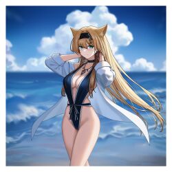  absurdres animal_ears arknights bare_shoulders bikini black_bikini black_choker black_hairband black_one-piece_swimsuit blonde_hair breasts choker earrings feet_out_of_frame female gaai green_eyes hair_ornament hairband hairclip highres horn_(arknights) jacket jewelry large_breasts long_hair looking_at_viewer off_shoulder one-piece_swimsuit open_clothes solo swimsuit water white_jacket wolf_ears wolf_girl 