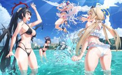  4girls absurdres antenna_hair azusa_(blue_archive) azusa_(swimsuit)_(blue_archive) bare_arms bare_legs bare_shoulders bikini black_bikini black_hair blue_archive blush breasts building day frilled_bikini frills hifumi_(blue_archive) hifumi_(swimsuit)_(blue_archive) highres large_breasts light_brown_hair long_hair low_twintails mashiro_(blue_archive) mashiro_(swimsuit)_(blue_archive) multiple_girls navel ocean official_alternate_costume open_mouth outdoors purple_eyes red_eyes roro_(tpghksdlzpq) sandals short_hair small_breasts swimsuit tsurugi_(blue_archive) tsurugi_(swimsuit)_(blue_archive) twintails water white_bikini white_hair yellow_eyes 