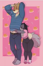  anthro black_hair blonde_hair bottomwear breasts brown_body brown_fur cadaverrdog canid canine canis cigarette cleavage closed_eyes clothed clothing cross denim denim_bottomwear denim_clothing domestic_dog domino_(cadaverrdog) duo fargo female fluffy fluffy_tail footwear fur grey_body grey_fur hair hi_res hug hugging_another hugging_from_behind jeans jewelry male mammal mixed_breed multicolored_body multicolored_fur necklace nonbinary_(lore) pants pink_background pomsky simple_background smile smoking smoking_tobacco socks sweatee tail tan_body tan_fur two_tone_body two_tone_fur 