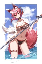  animal_ear_fluff animal_ears as4gi azur_lane bikini black_choker blush breasts choker cleavage cloud commission day female fox_ears fox_girl fox_tail hair_ornament highres holding holding_weapon ise_(azur_lane) large_breasts light_blush looking_at_viewer medium_breasts midriff navel outdoors pixiv_commission ponytail red_eyes red_hair smile solo stomach swimsuit tail teeth thigh_strap thighs wading water weapon 