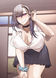  1girls beauty_mark black_skirt choker cleavage ear_piercing ear_piercings evil_eyes evil_smile fang fingernails hair_between_eyes hairband hand_on_own_knee hand_on_own_thigh huge_breasts jewelry korotsuke leaning_forward mole mole_on_breast naughty_face necklace pale-skinned_female pale_skin pleated_skirt purple_eyes purple_hair ring rings school_uniform scrunchie seductive seductive_smile short_skirt silver_hair skirt smile teeth the_creepy_glasses_girl thick_eyelashes thick_thighs vampire white_shirt wide_hips wrist_scrunchie 